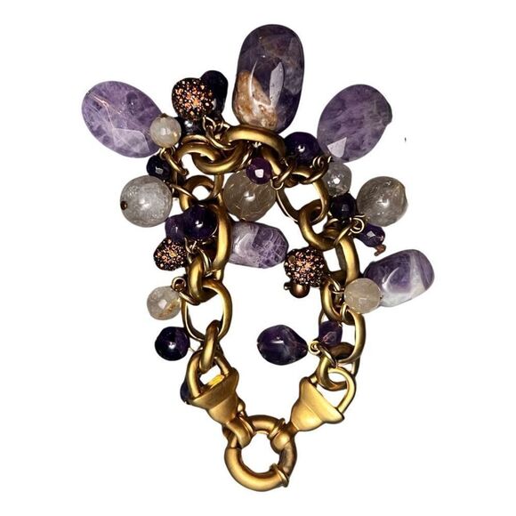 Carolee Lux Chunky Dangle Amethyst Brushed Gold Tone Bracelet - Picture 5 of 9